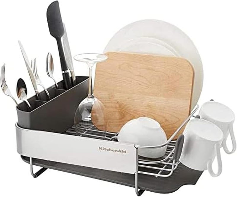 KitchenAid حامل أطباق مضغوط موفر للمساحة مقاوم للصدأ، مع لوح تصريف مائل ذاتي التصريف وحامل أدوات قابل للإزالة، 16.06 بوصة، رمادي - Image 1