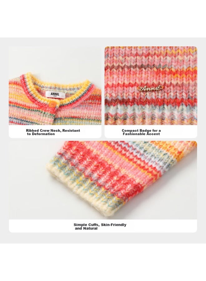 Annil Kids Girls Long Sleeve Knitted Cardigan Autumn New Rainbow Stripe 150 - Image 3