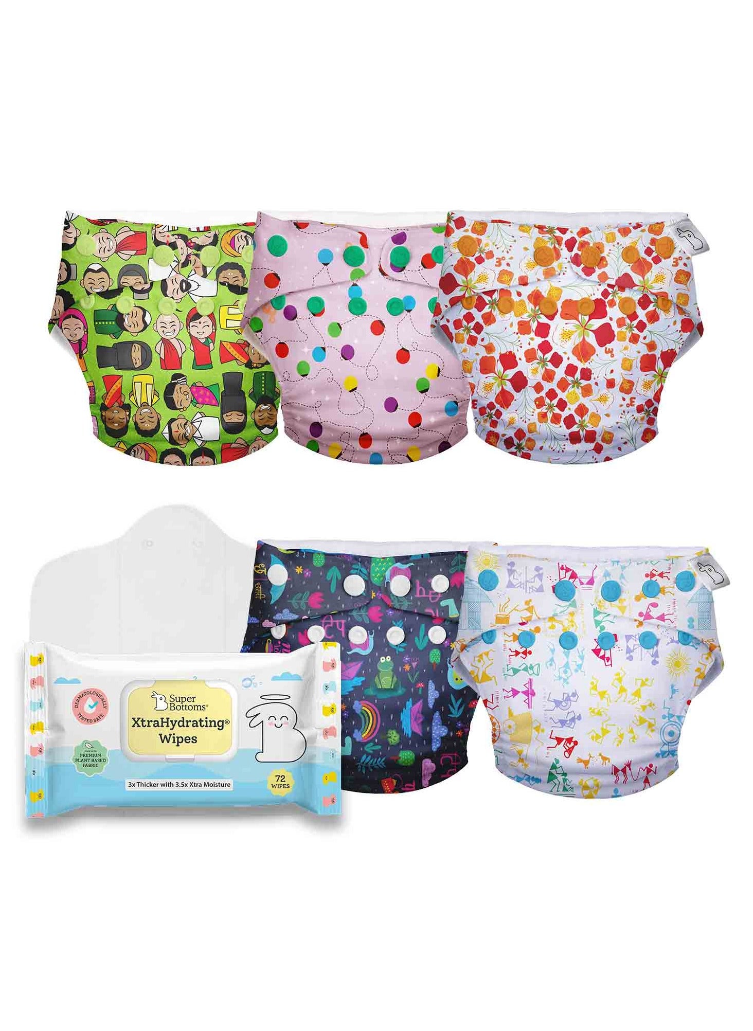 5 PCS UNO Reusable and Organic Cotton Cloth Baby Diapers Outer (5-17kgs) with 72 XtraHydrating Wipes - 3X Thicker Premium Wet Wipes Made with 98% Pure Water and Calendula Oil Extracts 