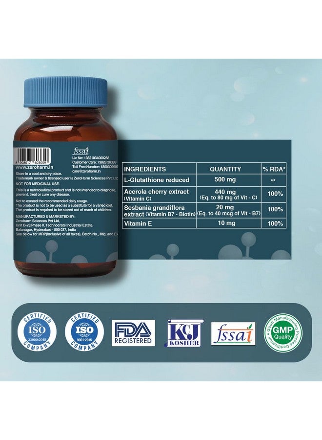 ZEROHARM L-Glutathione Reduced with Vitamin C- Skin Supplement | Dark Spot Reducer| Anti-Ageing | Reduces skin pigmentation | Free Radical Fighter |Radiant andGlowing Skin | 60 Capsules, 300 grams - Image 4
