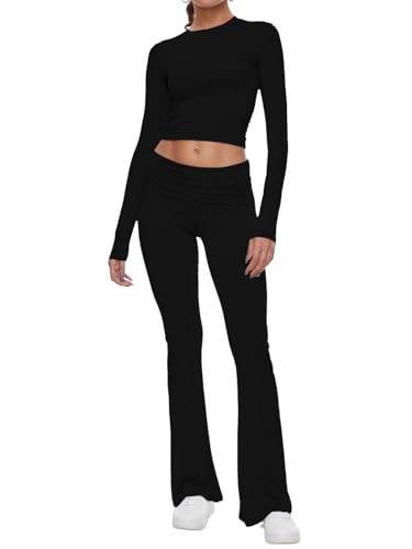 AnotherChill Women's 2 Piece Lounge Sets Fold-over Flare Pants Set Long Sleeve Cropped Top Casual Outfits Pajamas (Black, Small) - Image 5