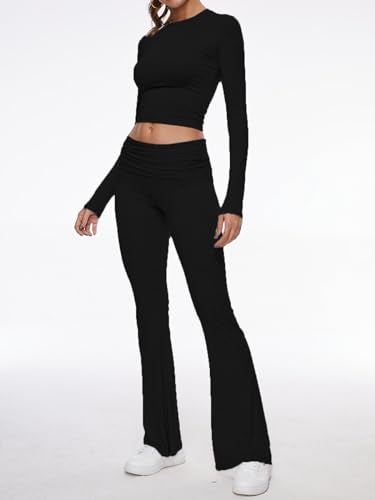 AnotherChill Women's 2 Piece Lounge Sets Fold-over Flare Pants Set Long Sleeve Cropped Top Casual Outfits Pajamas (Black, Small) - Image 2