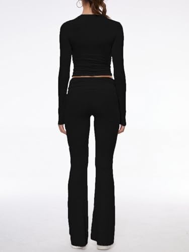 AnotherChill Women's 2 Piece Lounge Sets Fold-over Flare Pants Set Long Sleeve Cropped Top Casual Outfits Pajamas (Black, Small) - Image 3