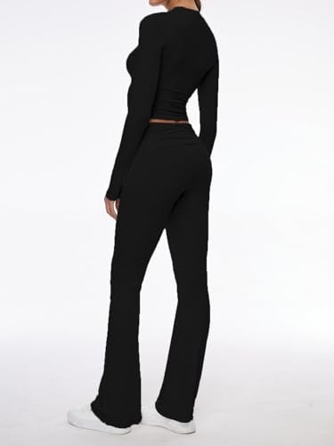 AnotherChill Women's 2 Piece Lounge Sets Fold-over Flare Pants Set Long Sleeve Cropped Top Casual Outfits Pajamas (Black, Small) - Image 4
