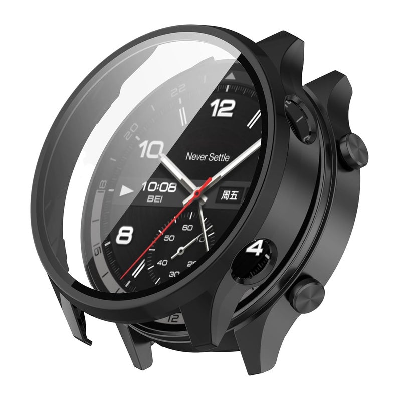 Wisely Shine Protective Slim Bumper Tempered Glass Case Cover Compatible with OnePlus Watch 2R, Luxury Black - Image 1