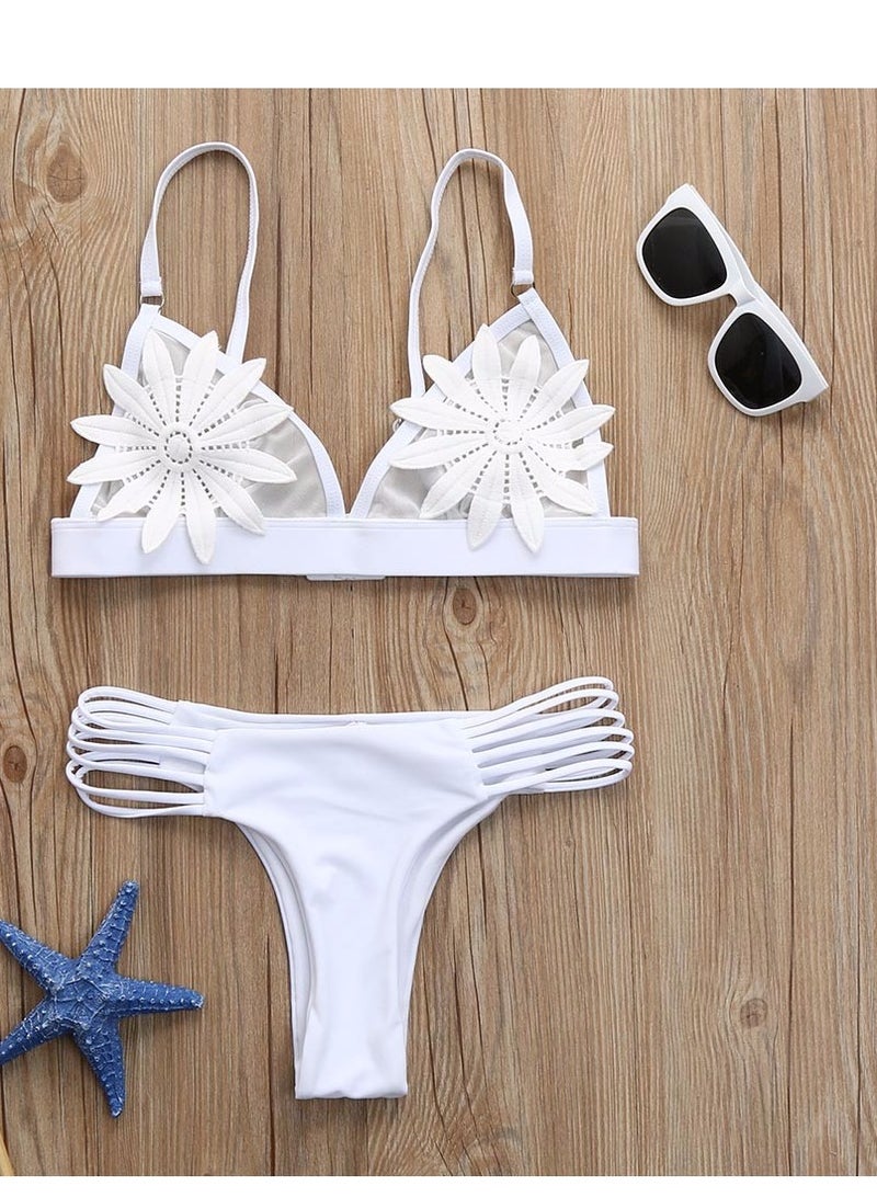 General Two-piece bikini suit swimsuit solid flower patch white  - Image 2
