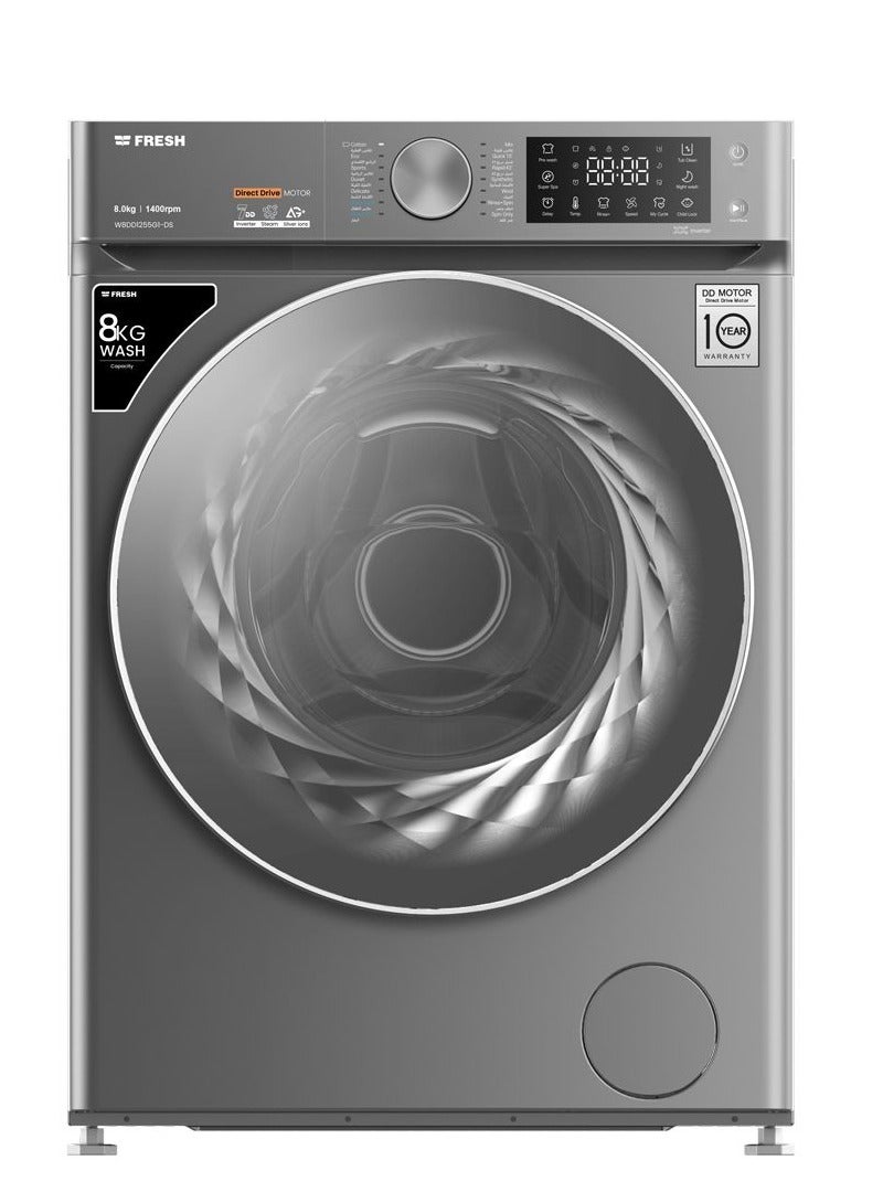 Fresh fully automatic washing machine, 8 kg, 1200 RPM, inverter motor, direct drive, digital, steam wash, - dark silver - Image 1