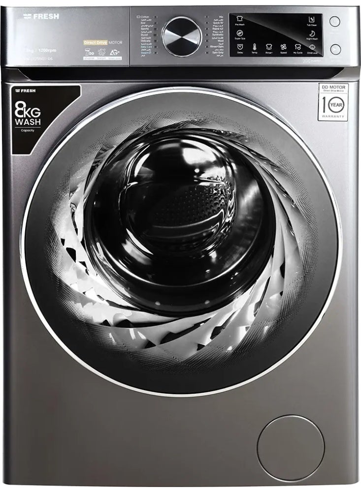 Fresh fully automatic washing machine, 8 kg, 1200 RPM, inverter motor, direct drive, digital, steam wash, - dark silver - Image 2