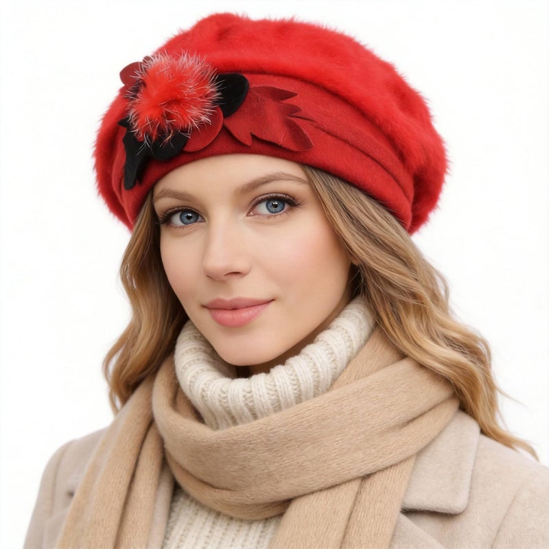 VECRY Women's 100% Wool Bucket Hat Felt Cloche Beret Dress Winter Beanie Hats (Angora-Red) - Image 4
