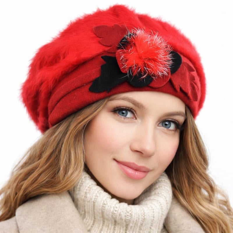 VECRY Women's 100% Wool Bucket Hat Felt Cloche Beret Dress Winter Beanie Hats (Angora-Red) - Image 3