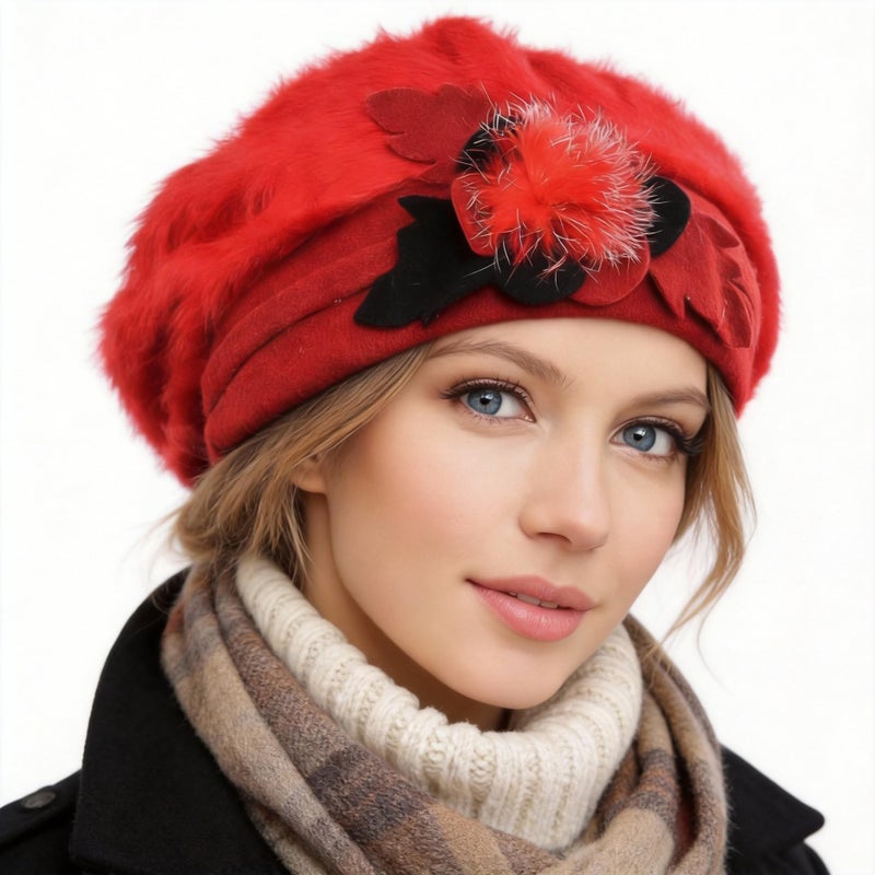 VECRY Women's 100% Wool Bucket Hat Felt Cloche Beret Dress Winter Beanie Hats (Angora-Red) - Image 1