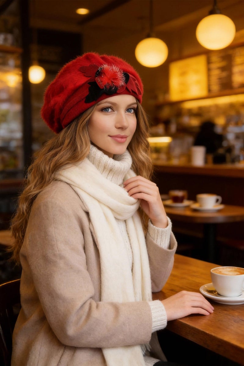 VECRY Women's 100% Wool Bucket Hat Felt Cloche Beret Dress Winter Beanie Hats (Angora-Red) - Image 5
