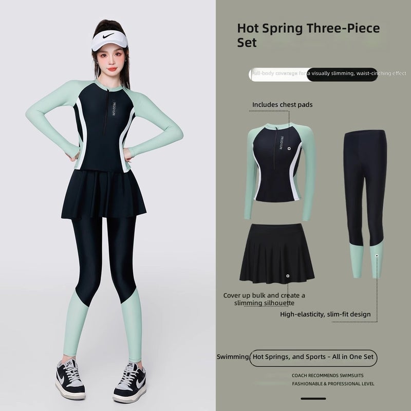 Women's 3-Piece Long Sleeve Swimsuit Set Tummy Control Modest Swimwear for Hot Spring – Black-Green /  Black-Grey - Image 2
