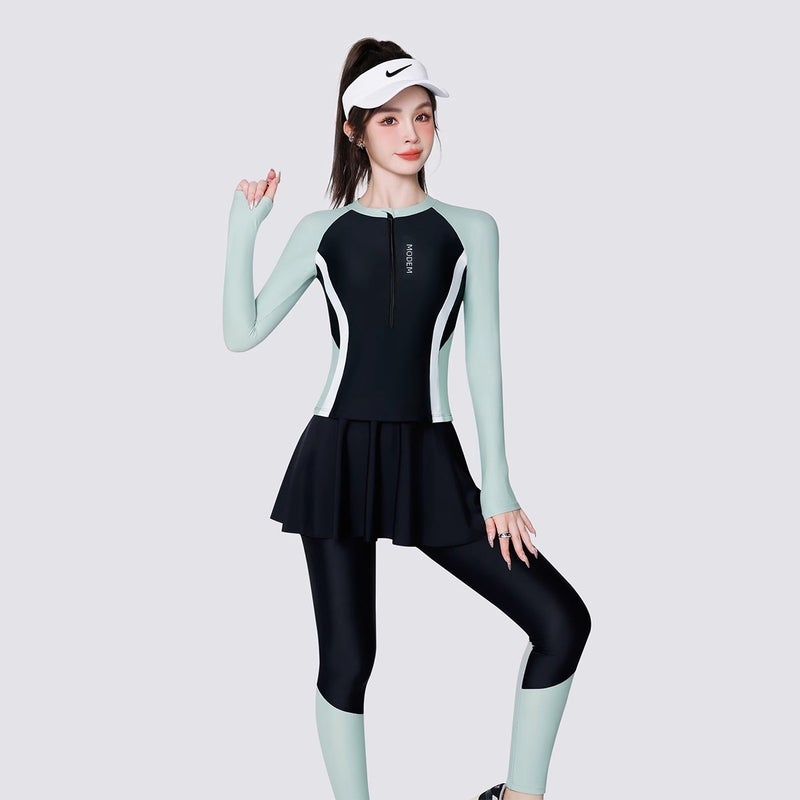 Women's 3-Piece Long Sleeve Swimsuit Set Tummy Control Modest Swimwear for Hot Spring – Black-Green /  Black-Grey - Image 5