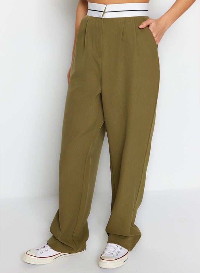 Khaki Wide Leg High Waist Belt Detail Woven Trousers TWOSS23PL00150