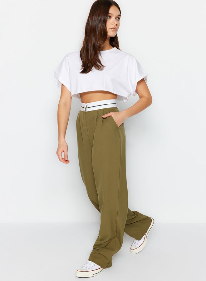 Khaki Wide Leg High Waist Belt Detail Woven Trousers TWOSS23PL00150