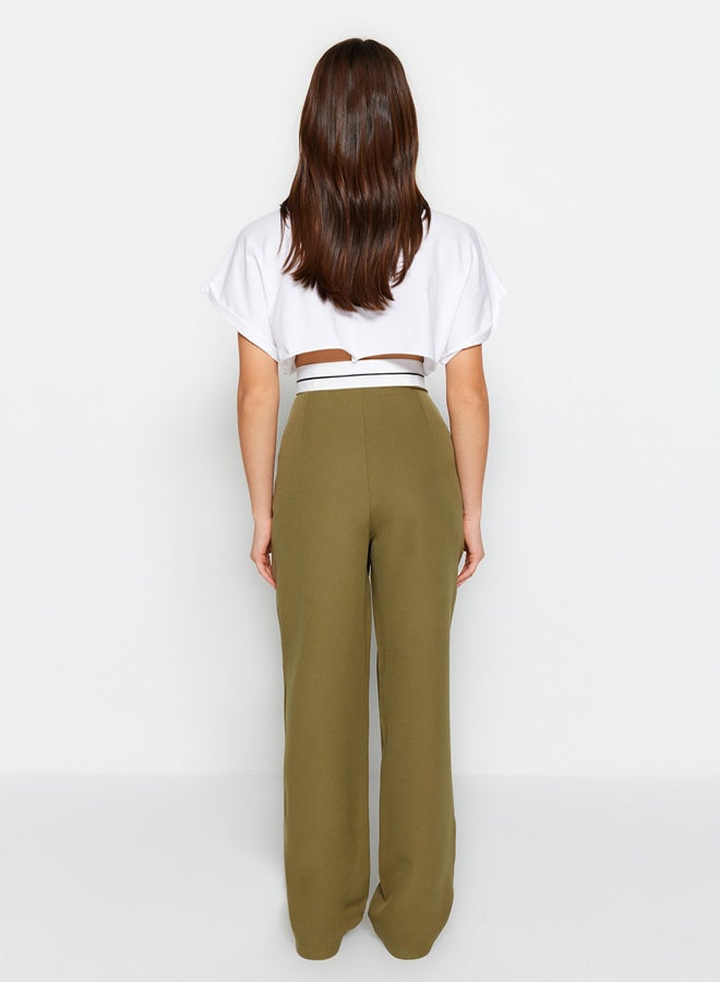 Khaki Wide Leg High Waist Belt Detail Woven Trousers TWOSS23PL00150