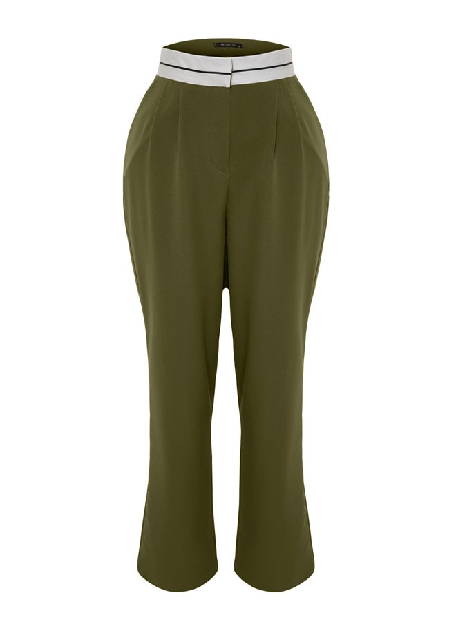 Khaki Wide Leg High Waist Belt Detail Woven Trousers TWOSS23PL00150