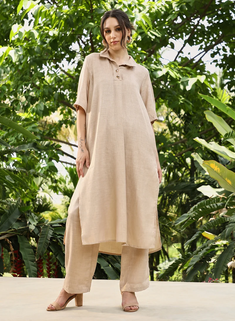 QISSA Women's Sand Beige Solid Linen-Blend Kurta Set For Casual Wear | Spread Collar | Quarter Cuffed Sleeves | 2 Piece Kurta Set Designed With Comfort Fit For Everyday Ethnic Wear
