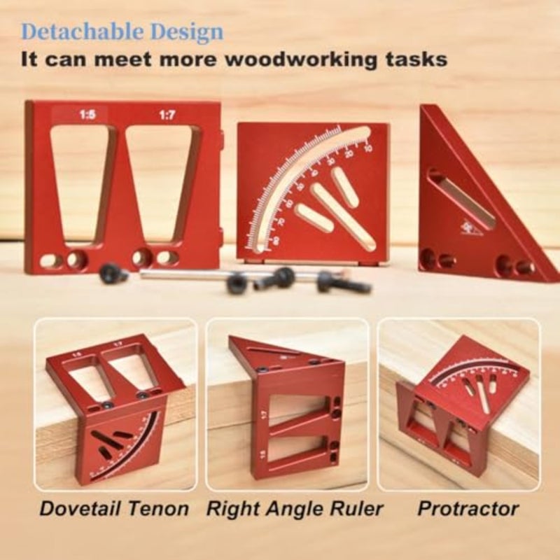 3D Multi-Angle Aluminum Alloy Measuring Ruler, 45° and 90° Woodworking Square Protractor, Detachable Carpenter Angle Tool, for Precision Engineering Construction and DIY Projects - Image 2