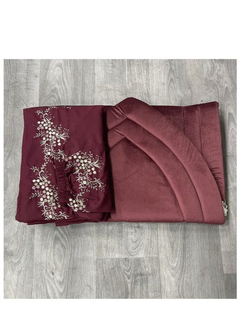 A set of prayer rug in the shape of a mihrab With a prayer dress with a side tie red 