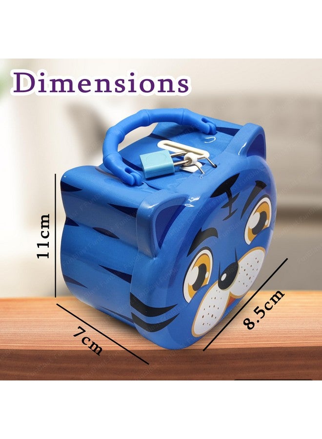 فنبلاست صندوق نقود على شكل نمر من فن بلاست للأطفال - حصالة نقود بتصميم كرتوني لطيف مع قفل ومفتاح، حصالة نقود معدنية لتوفير المال، جولاك للأطفال، هدايا عيد ميلاد للأطفال (أزرق) - Image 2