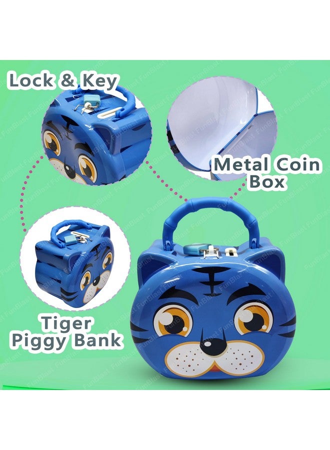 فنبلاست صندوق نقود على شكل نمر من فن بلاست للأطفال - حصالة نقود بتصميم كرتوني لطيف مع قفل ومفتاح، حصالة نقود معدنية لتوفير المال، جولاك للأطفال، هدايا عيد ميلاد للأطفال (أزرق) - Image 4