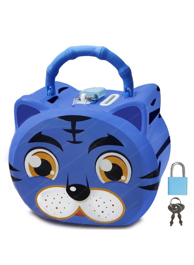 فنبلاست صندوق نقود على شكل نمر من فن بلاست للأطفال - حصالة نقود بتصميم كرتوني لطيف مع قفل ومفتاح، حصالة نقود معدنية لتوفير المال، جولاك للأطفال، هدايا عيد ميلاد للأطفال (أزرق) - Image 1