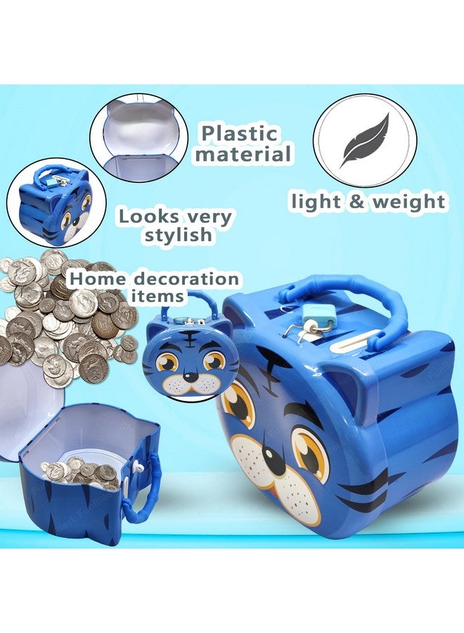 فنبلاست صندوق نقود على شكل نمر من فن بلاست للأطفال - حصالة نقود بتصميم كرتوني لطيف مع قفل ومفتاح، حصالة نقود معدنية لتوفير المال، جولاك للأطفال، هدايا عيد ميلاد للأطفال (أزرق) - Image 3