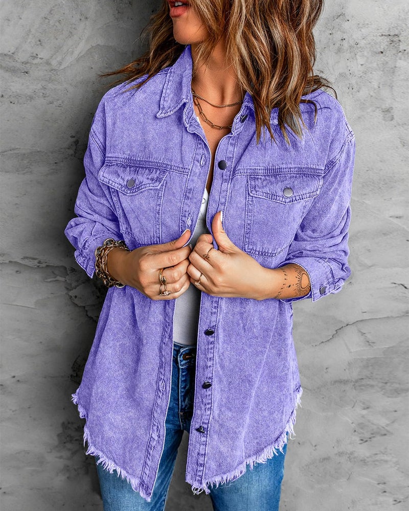Vetinee Women's Concert Outfits for Women Oversized Boyfriend Aster Purple Front Button Up Frayed Raw Hem Long Sleeve Pockets Denim Jean Jacket Shacket X-Large Size 16 18 - Image 3