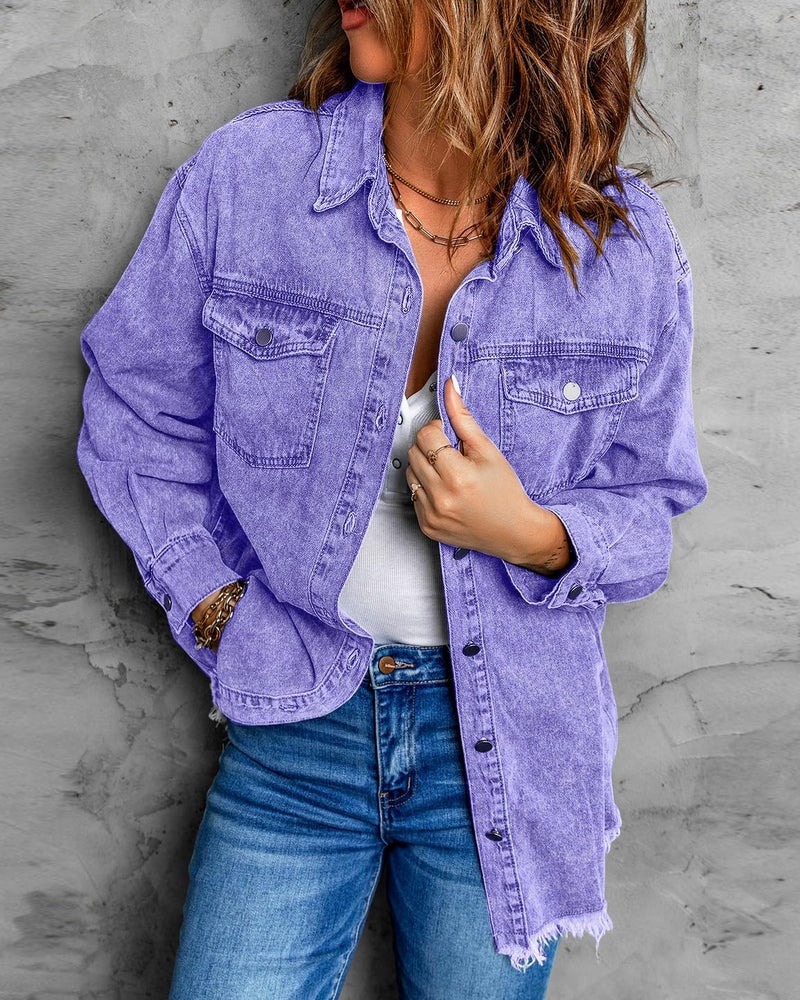 Vetinee Women's Concert Outfits for Women Oversized Boyfriend Aster Purple Front Button Up Frayed Raw Hem Long Sleeve Pockets Denim Jean Jacket Shacket X-Large Size 16 18 - Image 5