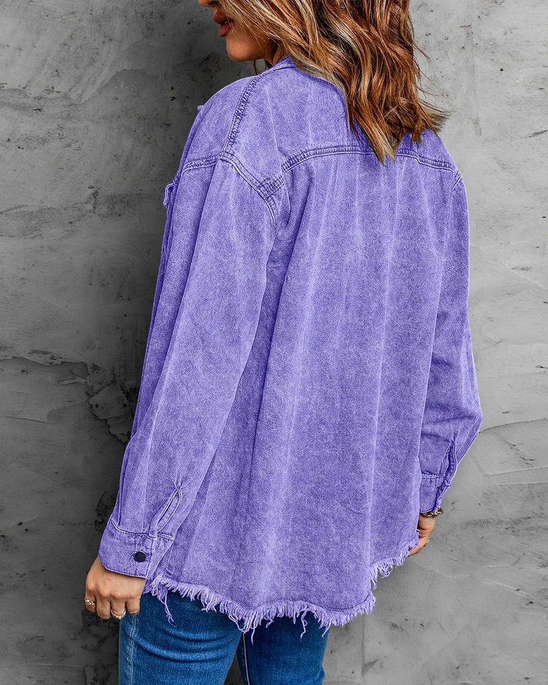 Vetinee Women's Concert Outfits for Women Oversized Boyfriend Aster Purple Front Button Up Frayed Raw Hem Long Sleeve Pockets Denim Jean Jacket Shacket X-Large Size 16 18 - Image 2