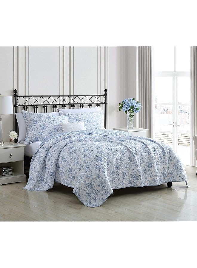 LAURA ASHLEY Home Queen Quilt Set Reversible Floral Cotton Bedding With Matching Shams Home Decor For All Seasons Walled Garden Blue Queen - Image 1
