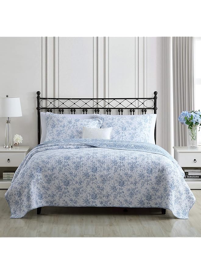 LAURA ASHLEY Home Queen Quilt Set Reversible Floral Cotton Bedding With Matching Shams Home Decor For All Seasons Walled Garden Blue Queen - Image 2