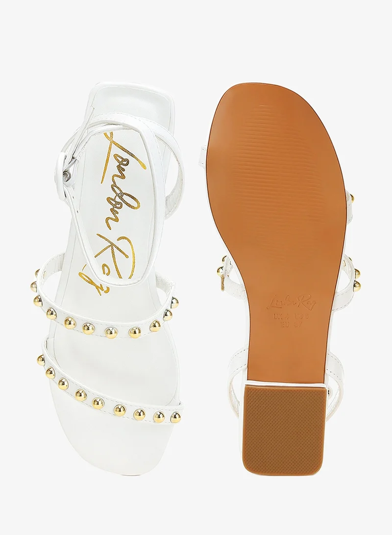 London Rag White and Silver Studded Ankle Strap Flat Sandals in Off White for Women | Best Price UAE