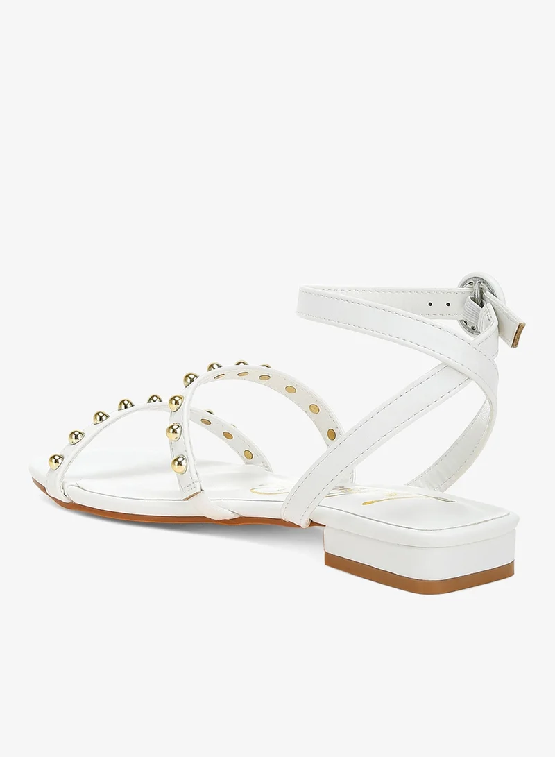 London Rag White and Silver Studded Ankle Strap Flat Sandals in Off White for Women | Best Price UAE