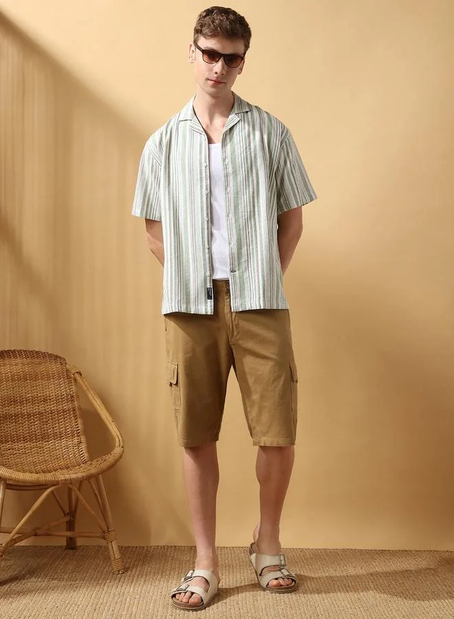 Dennis Lingo Men's Green 100% Cotton Striped Button Down Relaxed Shirt
