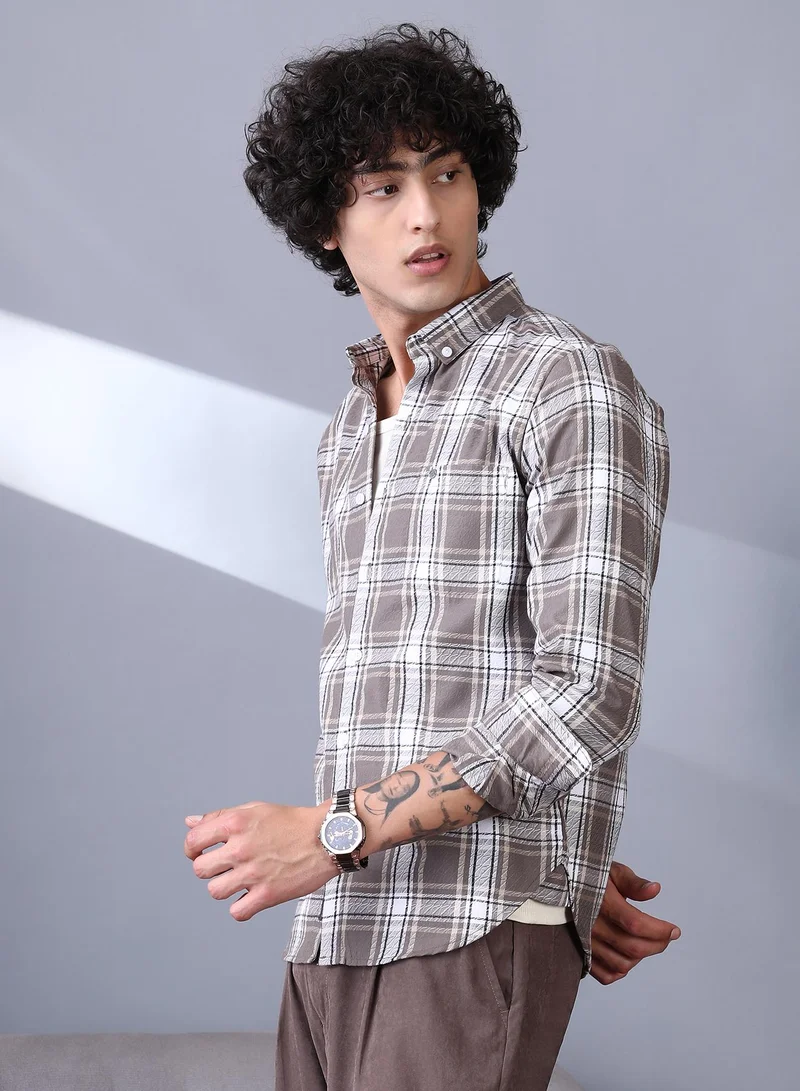 Campus Sutra Campus Sutra Men's Mocha Brown Halo-Graph Regular Shirt For Casual Wear | Spread Collar | Long Cuffed Sleeves | Button Closure | Shirt Crafted With Comfort Fit For Everyday Wear