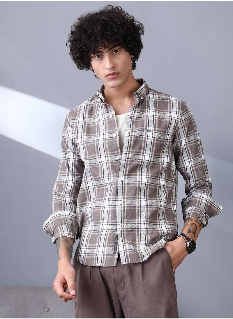 كامبوس سوترا Campus Sutra Men's Mocha Brown Halo-Graph Regular Shirt For Casual Wear | Spread Collar | Long Cuffed Sleeves | Button Closure | Shirt Crafted With Comfort Fit For Everyday Wear