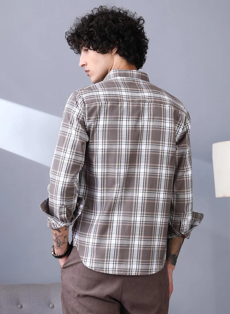 Campus Sutra Campus Sutra Men's Mocha Brown Halo-Graph Regular Shirt For Casual Wear | Spread Collar | Long Cuffed Sleeves | Button Closure | Shirt Crafted With Comfort Fit For Everyday Wear