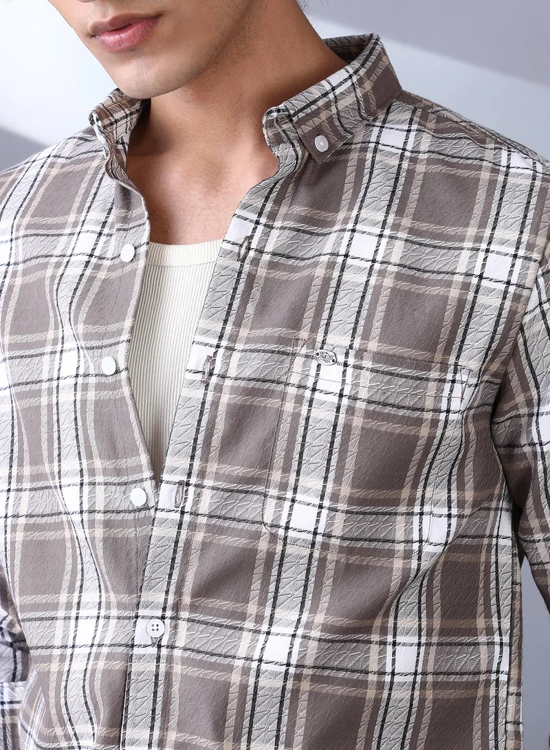 Campus Sutra Campus Sutra Men's Mocha Brown Halo-Graph Regular Shirt For Casual Wear | Spread Collar | Long Cuffed Sleeves | Button Closure | Shirt Crafted With Comfort Fit For Everyday Wear