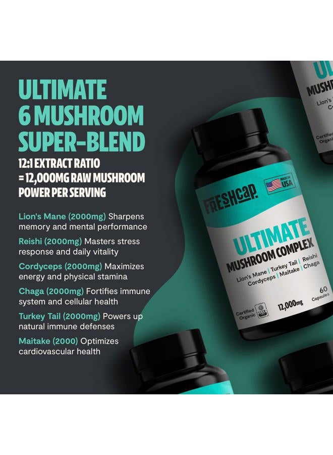 FreshCap Mushrooms FreshCap Ultimate Mushroom Supplement 12,000mg - Mushroom Complex Capsules, Organic Mushrooms Supplement, Nootropic Brain Supplements for Memory and Focus Ayurveda (60 Capsules)  - Image 2