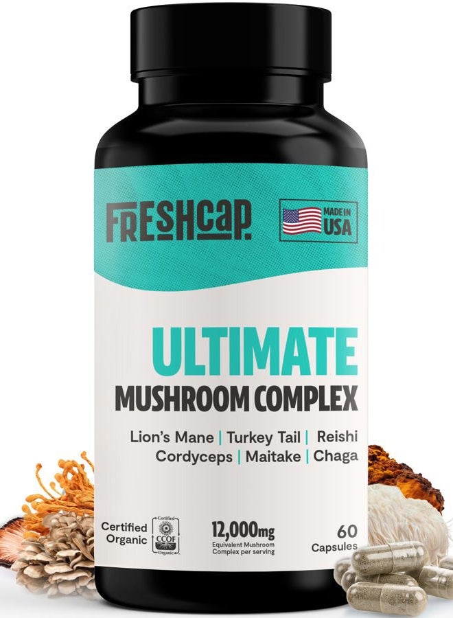 FreshCap Mushrooms FreshCap Ultimate Mushroom Supplement 12,000mg - Mushroom Complex Capsules, Organic Mushrooms Supplement, Nootropic Brain Supplements for Memory and Focus Ayurveda (60 Capsules)  - Image 1