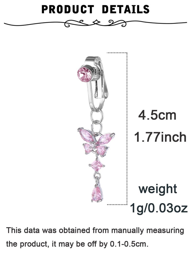 QWALIT خاتم سرة مزيف بتصميم قلب وفراشة وردي مع مشبك للسرّة، مجوهرات مزيفة لثقب السرة، حلقات سرة مزيفة تتدلى بدون ثقب - Image 2