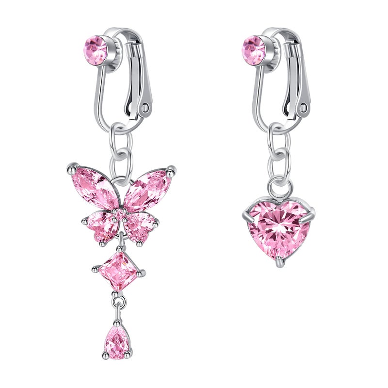 QWALIT خاتم سرة مزيف بتصميم قلب وفراشة وردي مع مشبك للسرّة، مجوهرات مزيفة لثقب السرة، حلقات سرة مزيفة تتدلى بدون ثقب - Image 1