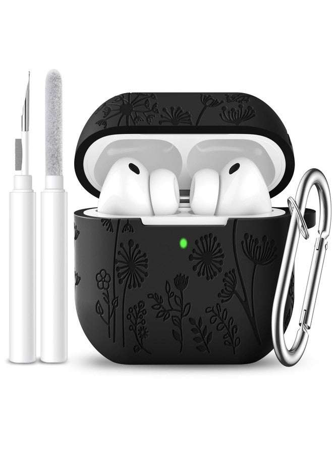 Lerobo for AirPods Pro 3 Case Cover with Cleaner Kit,Flower Engraved Silicone 360°Protection Cover Compatible with Apple AirPods Pro 3rd Generation 2025 Case with Keychain for Women,LED Visible, Black - Image 1