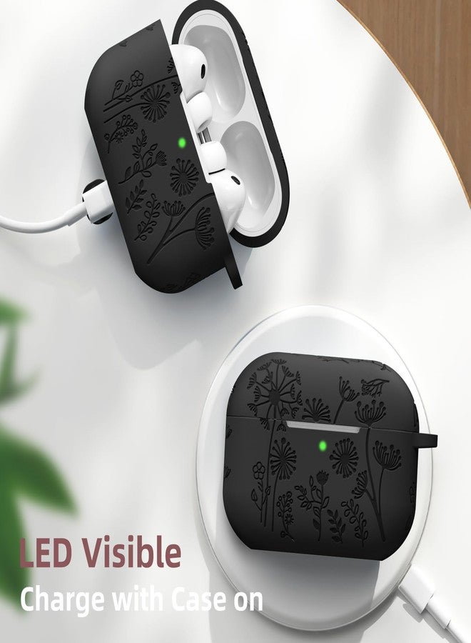 Lerobo for AirPods Pro 3 Case Cover with Cleaner Kit,Flower Engraved Silicone 360°Protection Cover Compatible with Apple AirPods Pro 3rd Generation 2025 Case with Keychain for Women,LED Visible, Black - Image 4