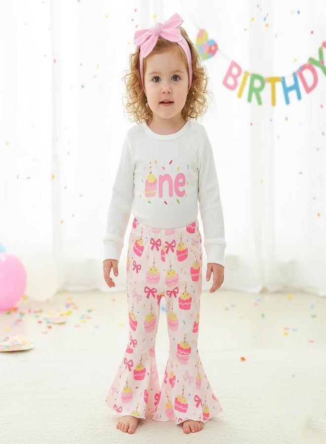 Lamuusaa Toddler Baby Girl Birthday Outfit One Romper Cake Bowknot Print Flared Pants Headband Cake Smash Outfit (White, 12-18 Months) - Image 3