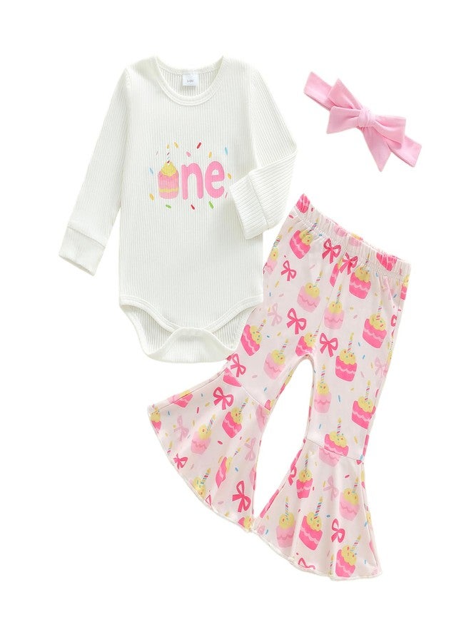 Lamuusaa Toddler Baby Girl Birthday Outfit One Romper Cake Bowknot Print Flared Pants Headband Cake Smash Outfit (White, 12-18 Months) - Image 1
