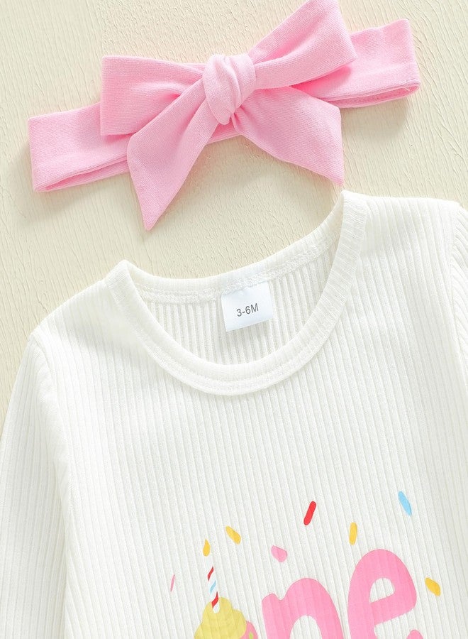 Lamuusaa Toddler Baby Girl Birthday Outfit One Romper Cake Bowknot Print Flared Pants Headband Cake Smash Outfit (White, 12-18 Months) - Image 4